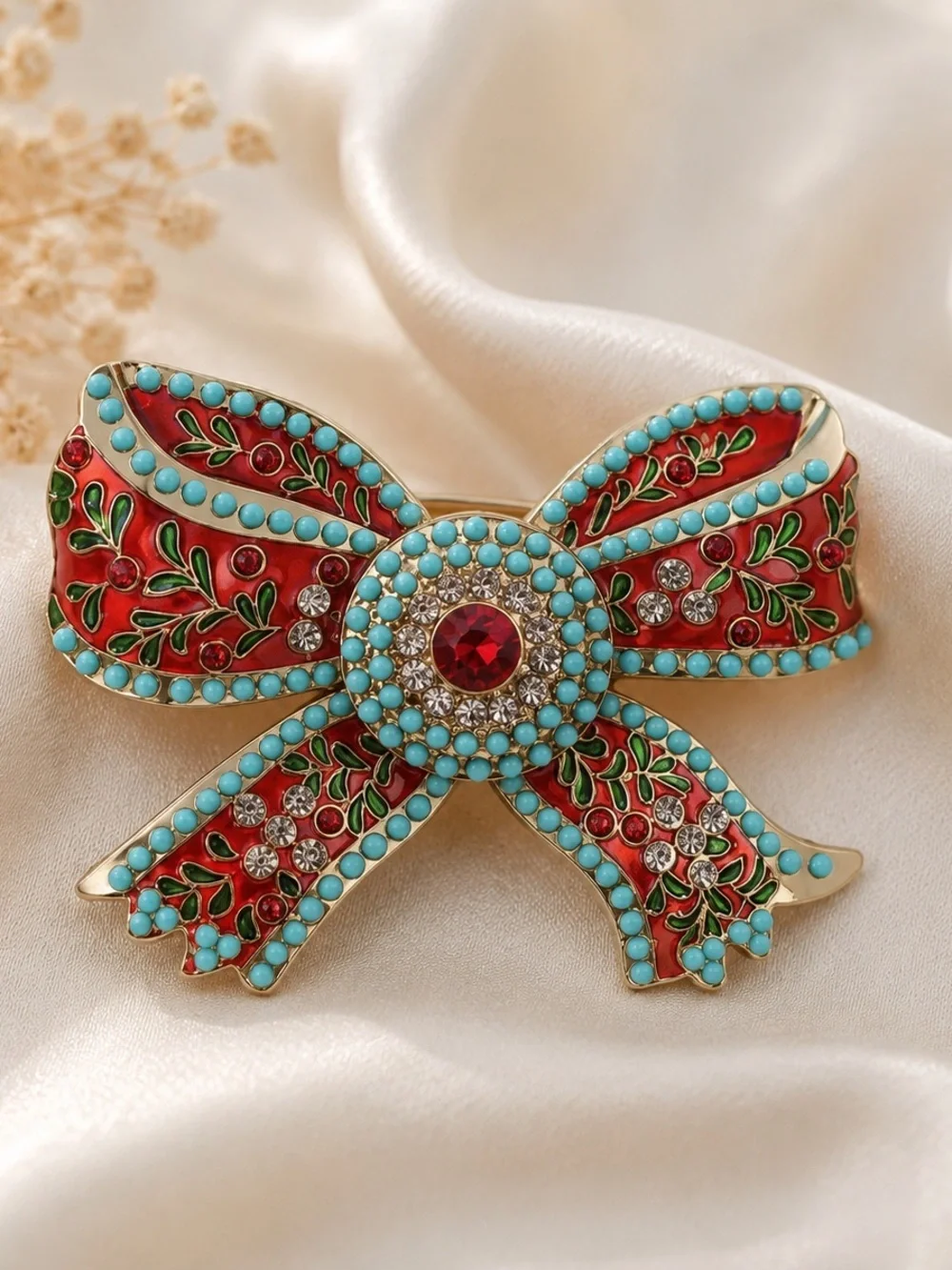 Vintage Style Enamel Bow Brooch Pin Red, Turquoise & Gold Rhinestone accents